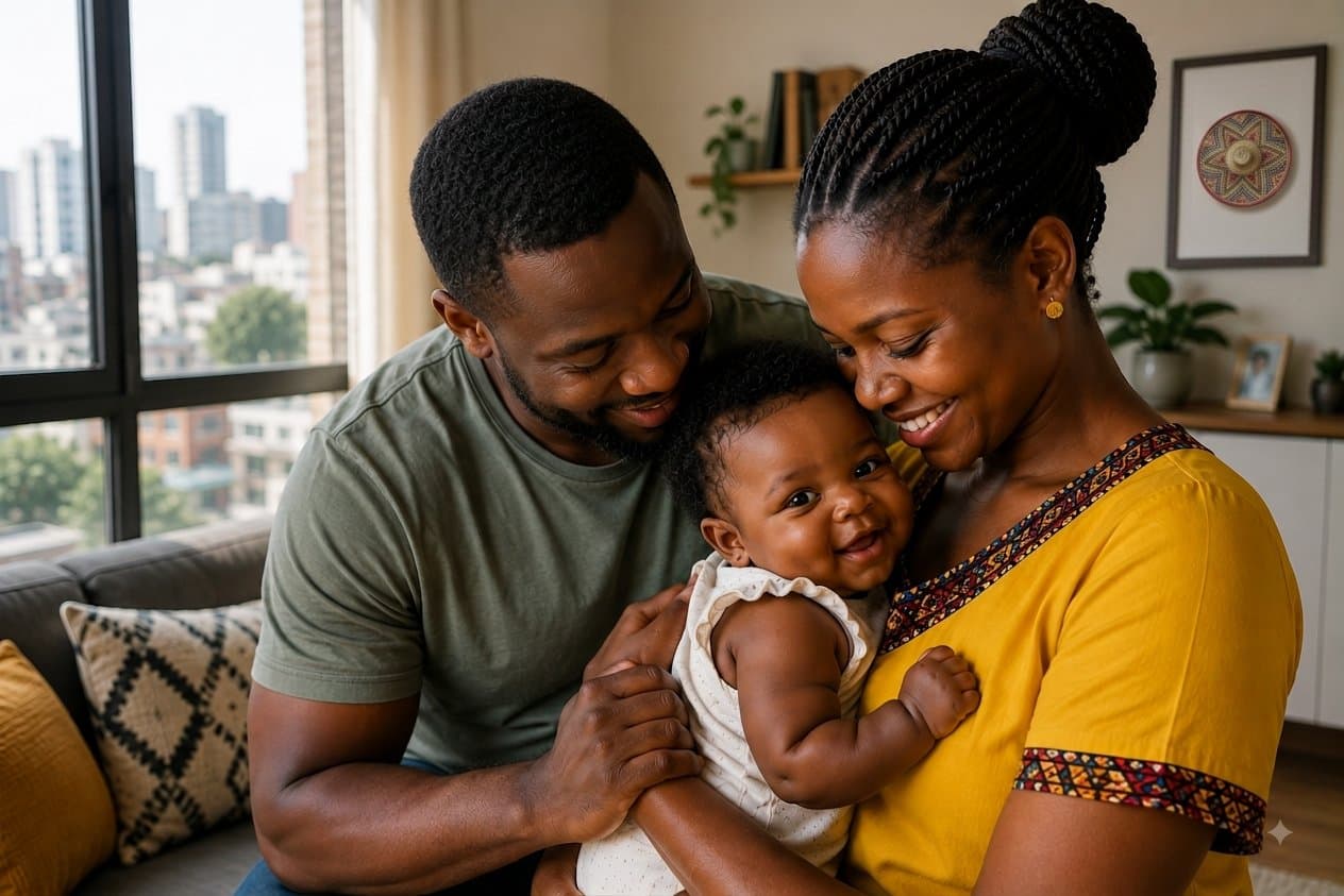 A mother and father smiling with their baby at home.