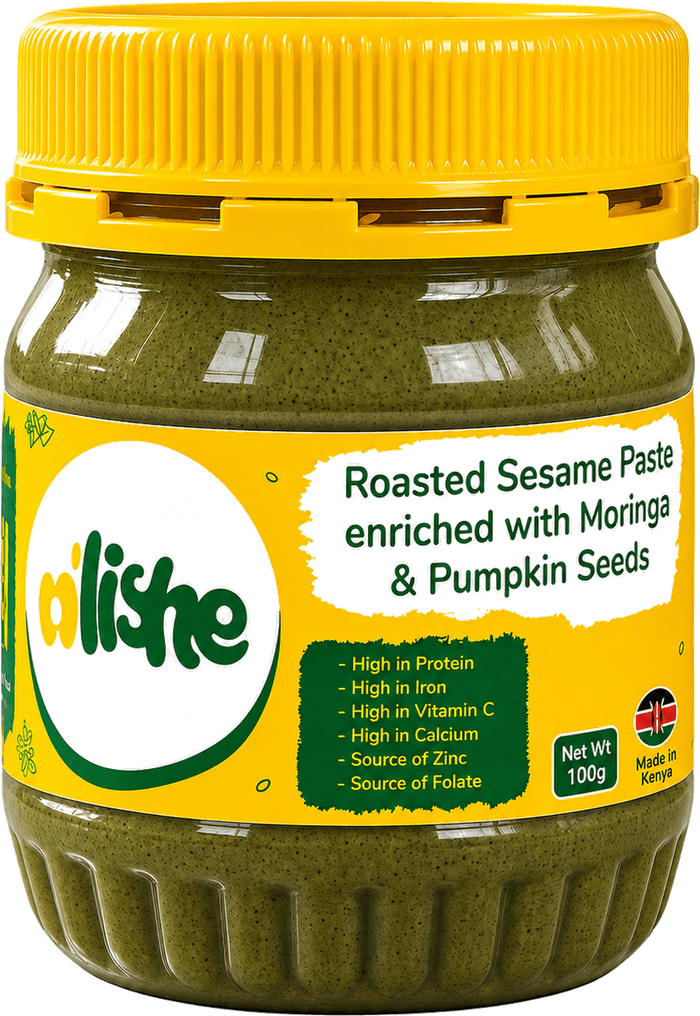 A jar of N'Lishe Roasted Sesame Paste enriched with Moringa & Pumpkin Seeds, 100g, made in Kenya.